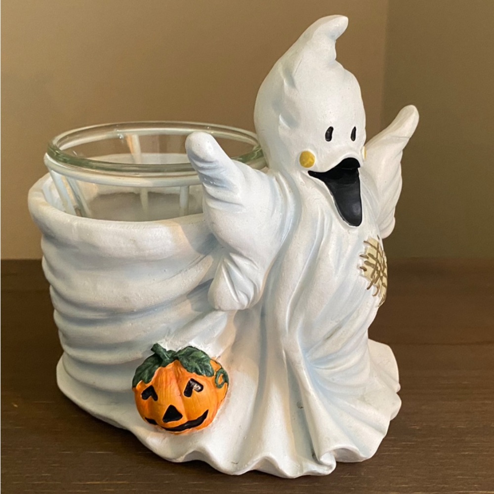 Vintage Halloween Ghost Pumpkin Planter Candle Holder Y2K Novelty Ceramic Resin